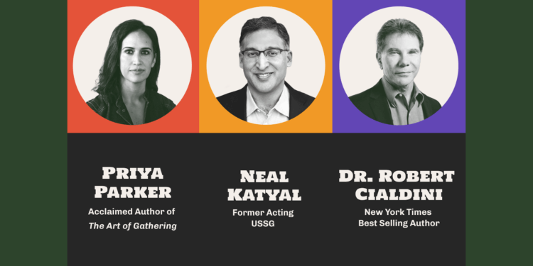 Picture of ClioCon 2022 Keynote Speakers Priya Parker, Neal Katyal, and Dr. Robert Cialdini