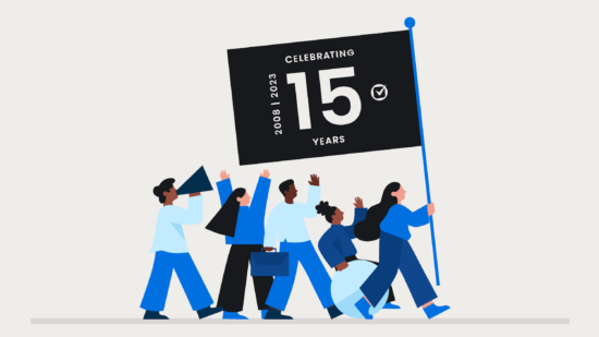Group of people walking with flag advertising Clio's 15-year anniversary