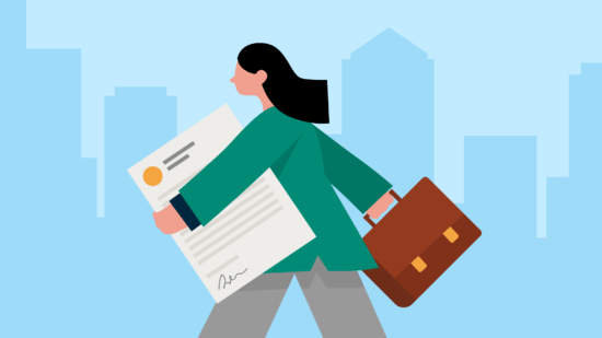 Illustration of a legal assistant carrying a cover latter and a briefcase