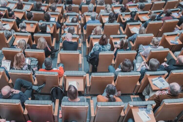 Law students gather in a lecture hall