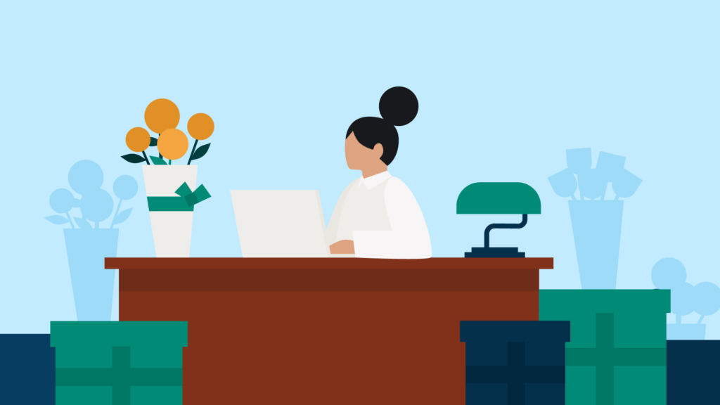 An illustration of a paralegal working at their desk with flowers on their desk
