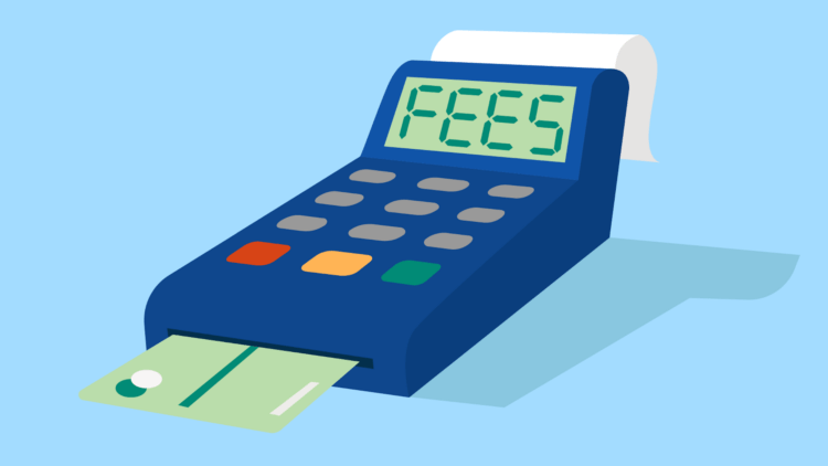 Image of credit card reader with "FEES" on screen