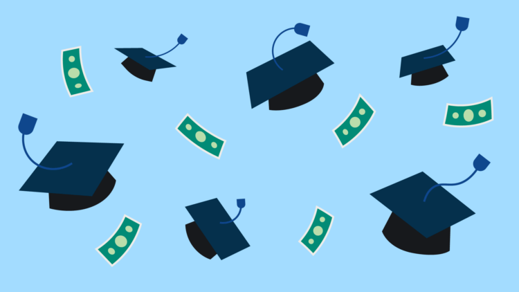 Graduation caps and dollar bills indicating first year lawyer salary