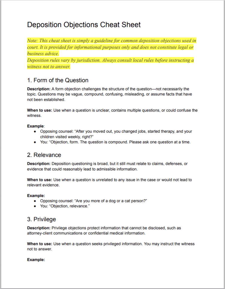 Deposition Objections Cheat Sheet - Downloadable PDF