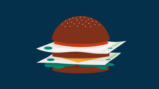 A double-billing burger, with two invoices layered among the other burger toppings.