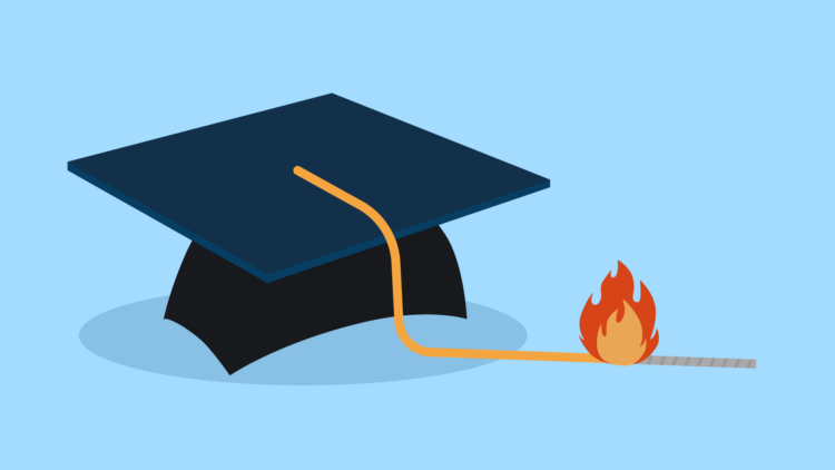 A graduation cap with flames for a tassel representing law student burnout