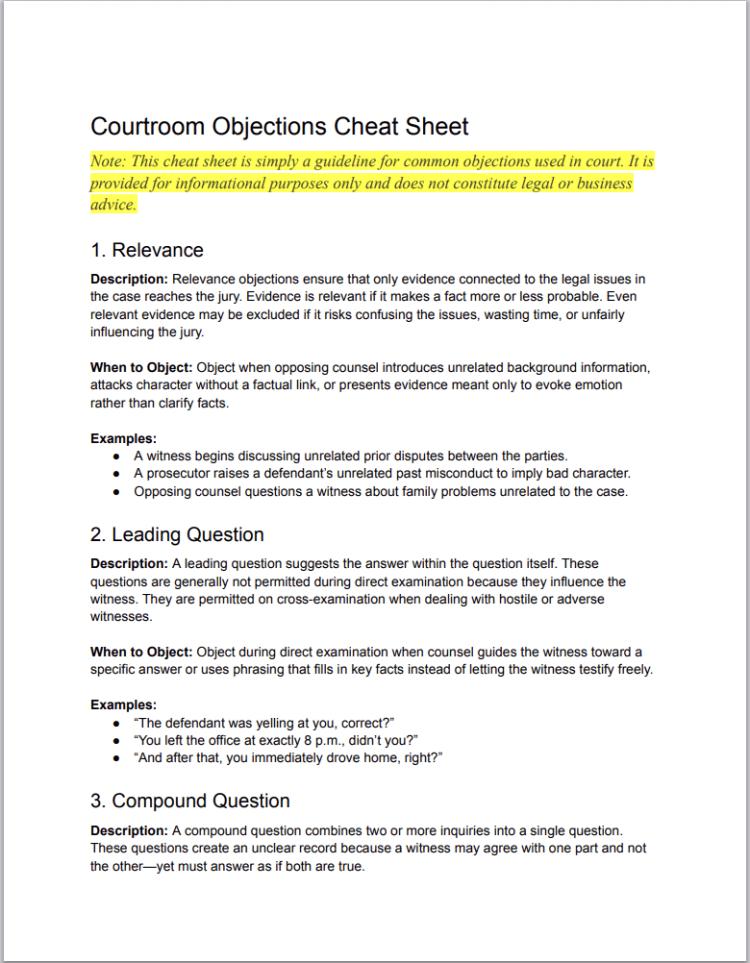 Download Clio's common court objections cheat sheet for lawyers
