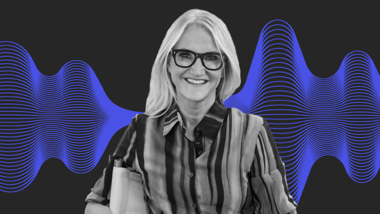 A black and white heads،t of Mel Robbins in front of a purple sound wave graphic