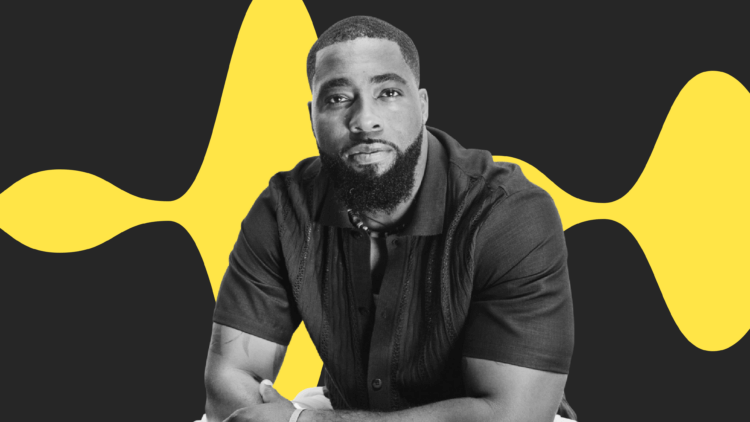 A black and white heads،t of Brian Banks on front of a yellow sound wave graphic