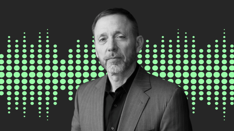 A black and white heads،t of Chris Voss in front of a green sound wave graphic