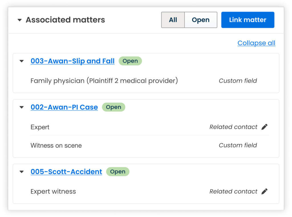 Clio Manage_Contact Management_Associated Matters Custom Fields