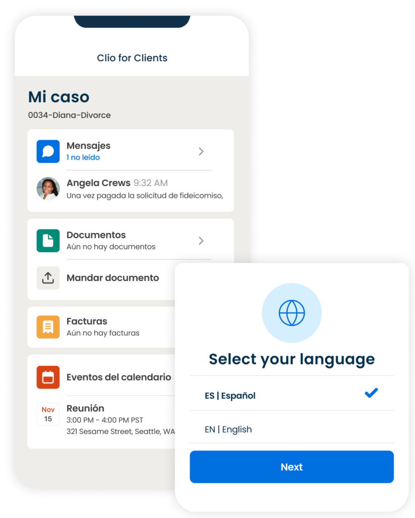 Clio for Clients Spanish Simplified UI