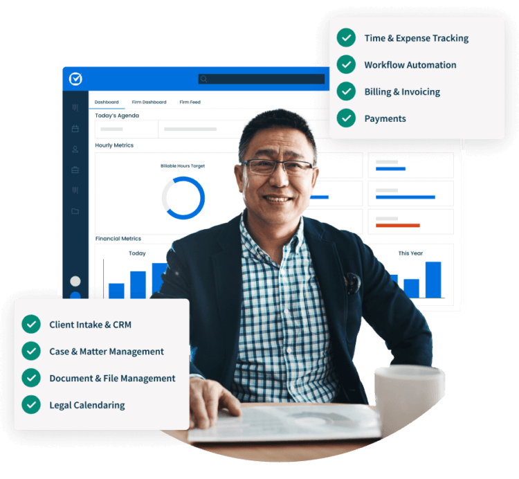 Smiling man at a desk with practice management software interfaces around him