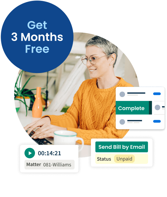 Get 3 months of Clio for Free | Person sitting at computer with special offer bubble.