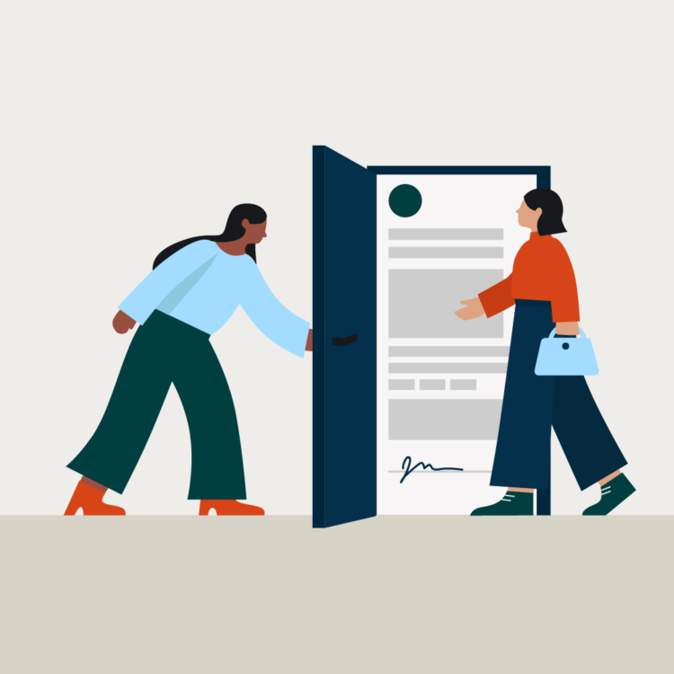 Illustration of a person opening a door for another person with a doc template in the doorway