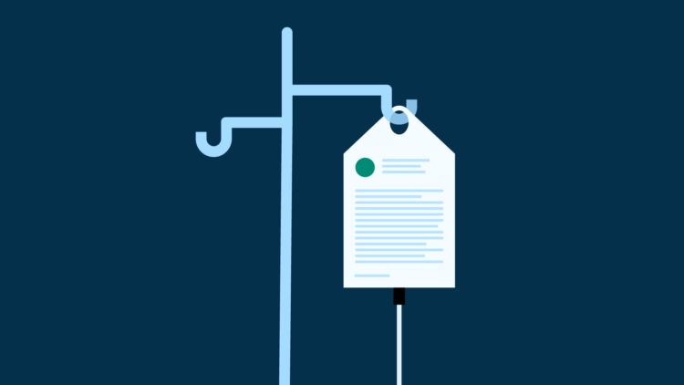 Illustration of medical records on an IV drip.