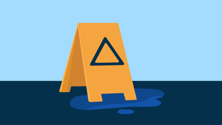 Illustration of a yellow caution sign over a puddle on the ground.