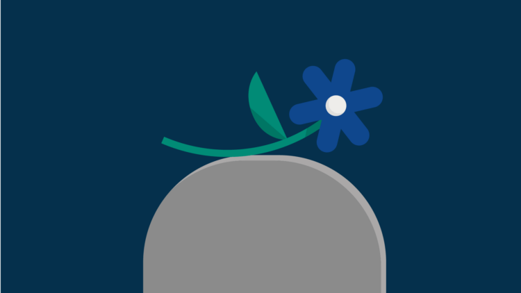 Illustration of a flower placed on top of a gravestone.