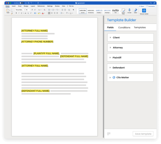 Screen grab of Clio Draft's Template Builder.