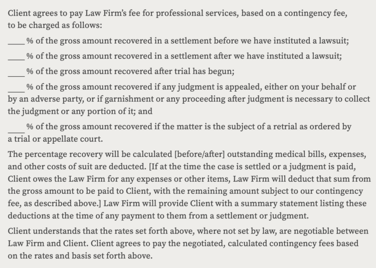Image of excerpt from law firm personal injury template outlining a contingency fee agreement.