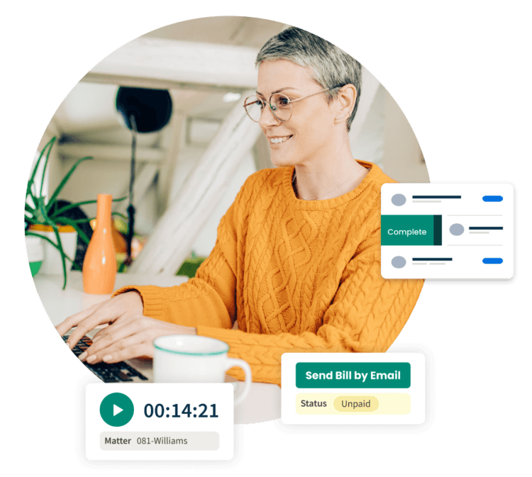 Person on Laptop, Time Tracking, Send a bill by Email, Completed task list