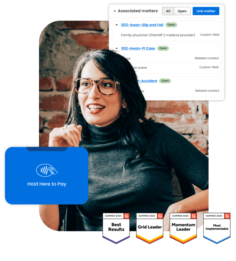 Collage with woman, Matter Management user interface, hold here to pay icon, and awards icons