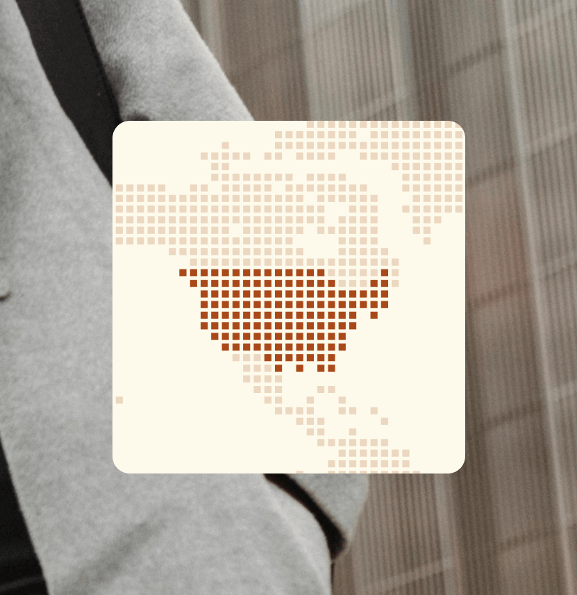 A user interface shows a world map made of pixels. The map is light tan, with the United States highlighted in a darker brown.