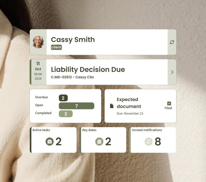 Woman in background w/ Clio Operate UI in foreground.