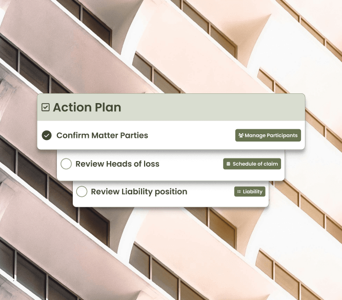Building in background w/ UI elements in foreground describing an action plan.