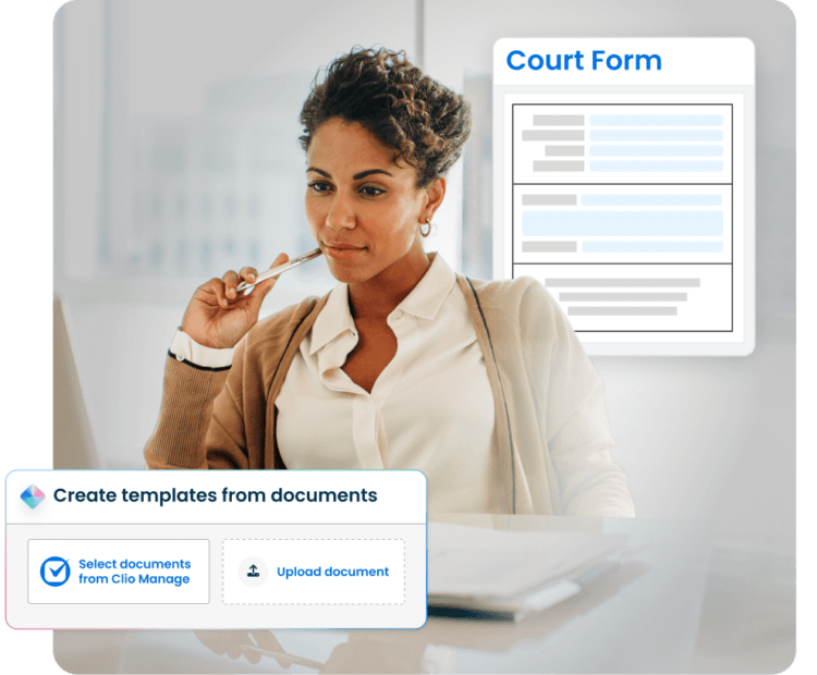 A legal professional looking at a laptop screen showing Court Forms and the Template builder from Clio Draft