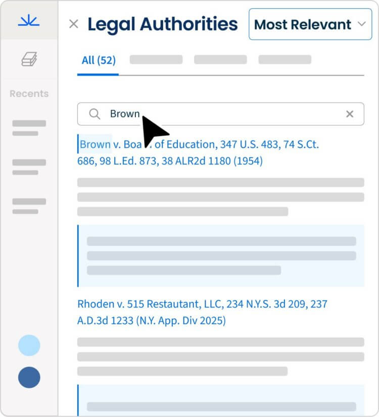 Legal Authorities panel in Clio with a search for Brown showing results including Brown v. Board of Education.