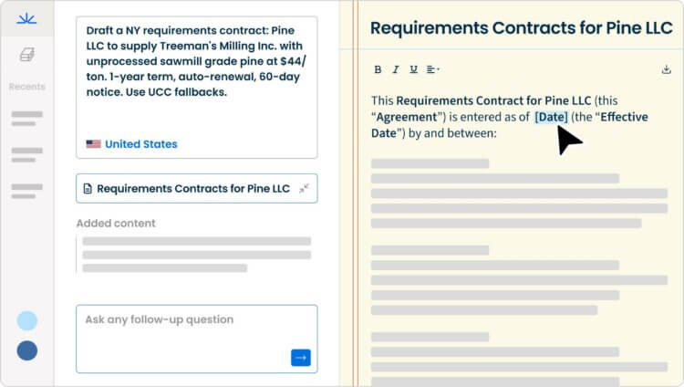 Vincent by Clio interface drafting a NY requirements contract for Pine LLC with integrated legal document editor.