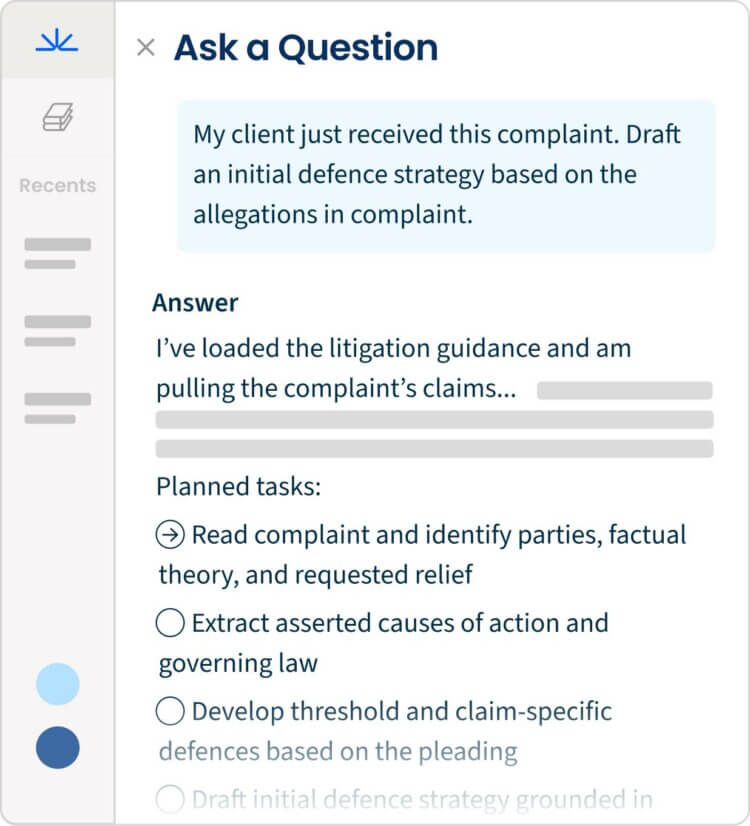 Clio interface showing an AI prompt to draft a defense strategy with a list of planned tasks for document analysis.
