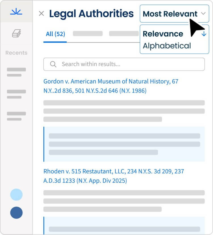 A side panel in Clio labeled Legal Authorities shows search results and a dropdown menu to sort by Relevance or Alphabetical.
