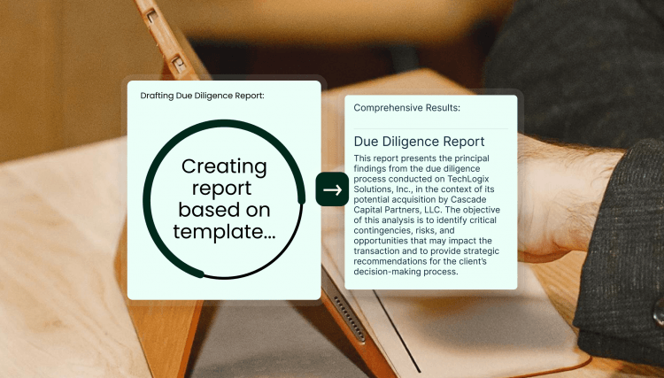Vincent by Clio interface showing Creating report based on template loading into a completed Due Diligence Report.