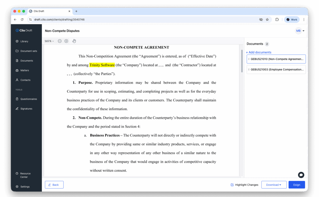 Clio Draft editor displaying an auto-populated non-compete agreement template for a client matter.