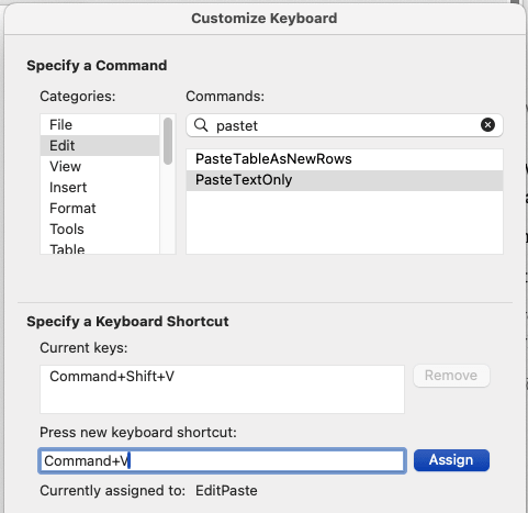 MS Word's Customize Keyboard dialog showing Command+V being reassigned to the PasteTextOnly command.