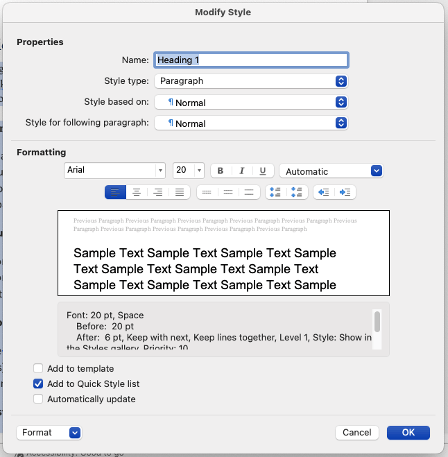 Word Modify Style dialog on Mac showing Heading 1 settings.