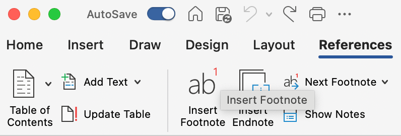 Word References tab with Insert Footnote button highlighted