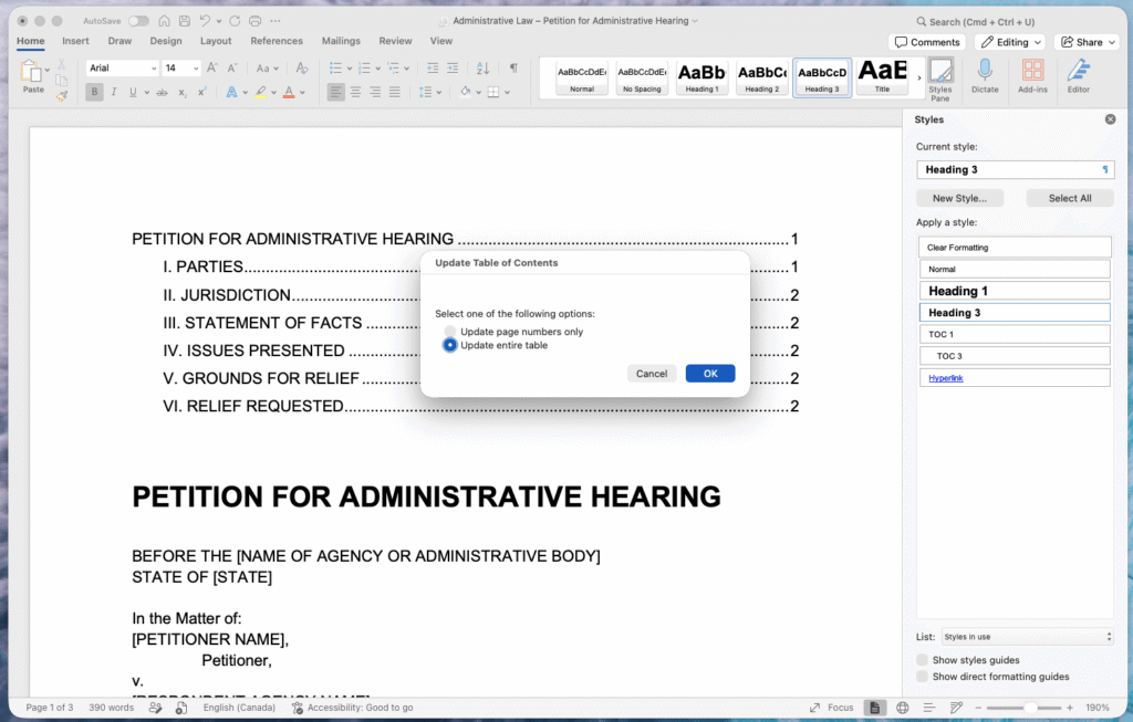 The Update Table of Contents dialog in Microsoft Word.