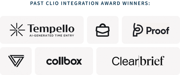 Past Clio Integration Award Winners graphic featuring logos for Tempello AI-generated time entry, Proof, collbox, and Clearbrief